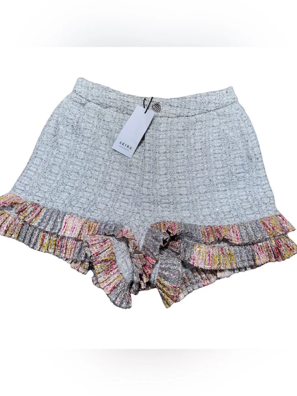 AKIRA Womens L Tweed Ruffle Shorts Metallic Sequin Multicolor High Waist NWT